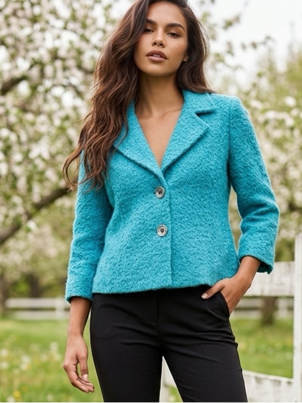 CAbi Turquoise Bouclé Two-Button Blazer Jacket adorable on size 6